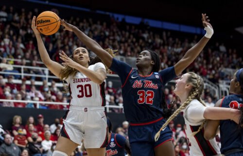Stanford Cardinal guard Haley Jones (left) attempts a shot against the Ole Miss Rebels with Rita Igbokwe defending.