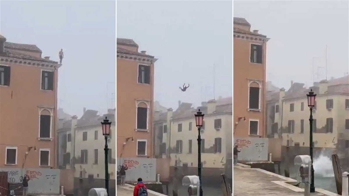 <i>LuigiBrugnaro/Twitter</i><br/>Italian authorities are searching for a man who jumped off a three-story building into a canal in Venice on March 23.