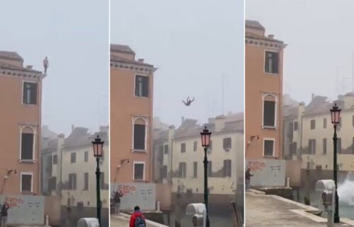 Italian authorities are searching for a man who jumped off a three-story building into a canal in Venice on March 23.