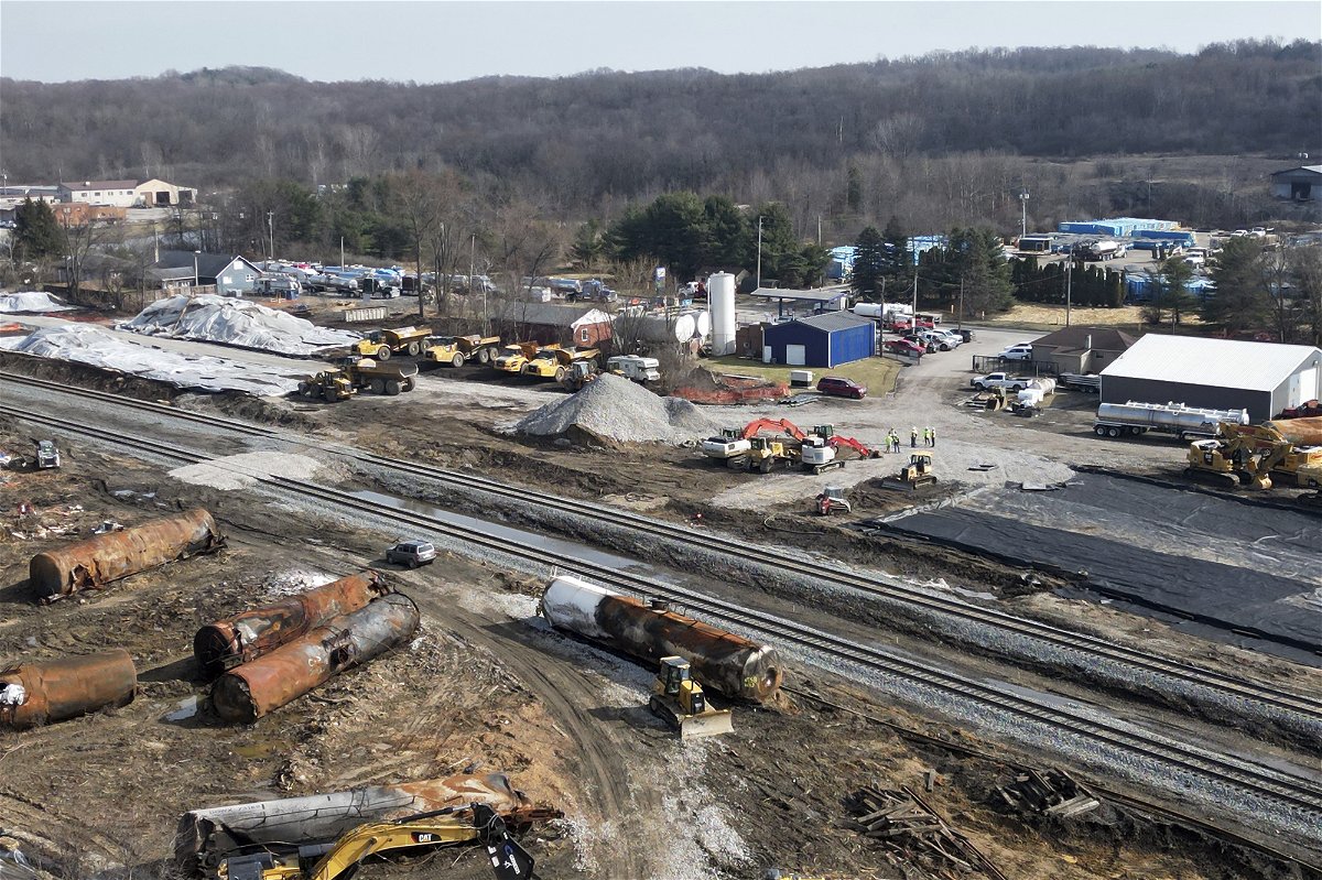 <i>mpi34/MediaPunch/IPX/AP</i><br/>Pictured is an aerial view of East Palestine weeks after a Norfolk Southern train derailment released various toxic chemicals affecting air and ground quality weeks ago. Despite the disaster
