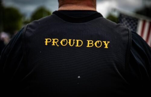 A man wears a Proud Boy vest as several hundred members of the Proud Boys and other similar groups gathered at Delta Park in Portland