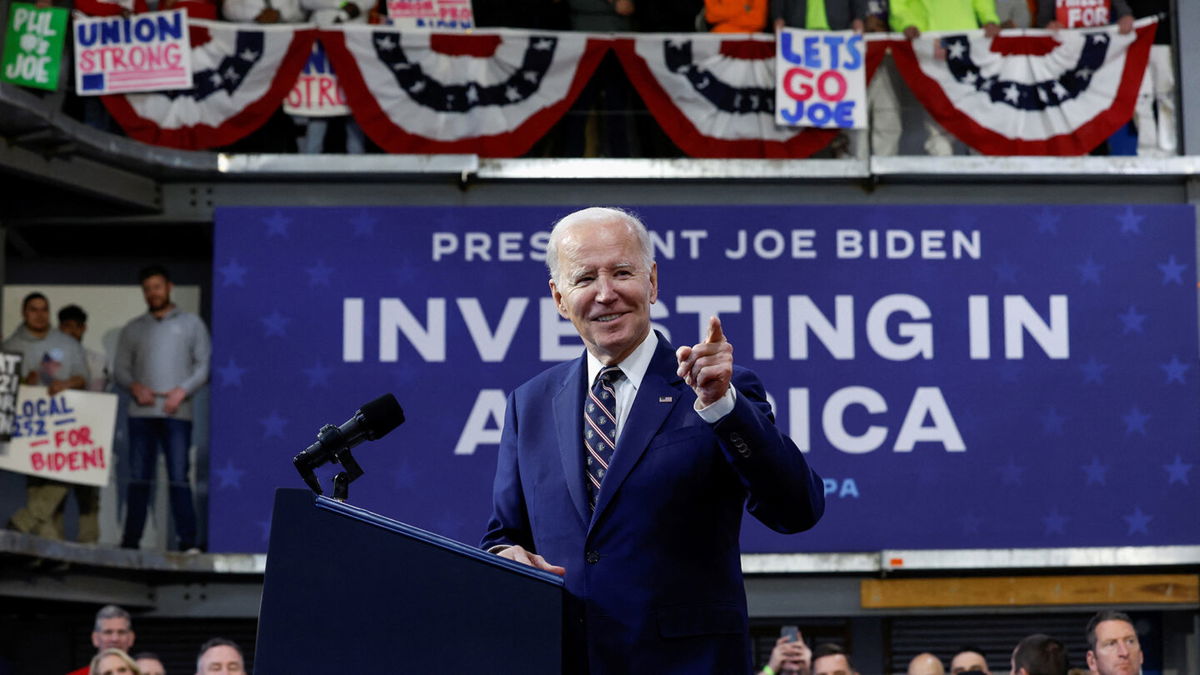 <i>Evelyn Hockstein/Reuters</i><br/>President Joe Biden gestures as he delivers remarks about his budget for fiscal year 2024 at the Finishing Trades Institute in Philadelphia