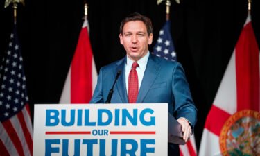 Florida Gov. Ron DeSantis is seen here at a news conference to sign the "Live Local Act" in Naples on March 29.