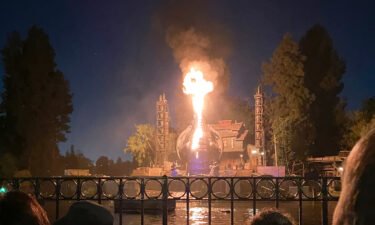 This photo shows a fire during the Fantasmic show in the Tom Sawyer Island section of Disneyland in Anaheim