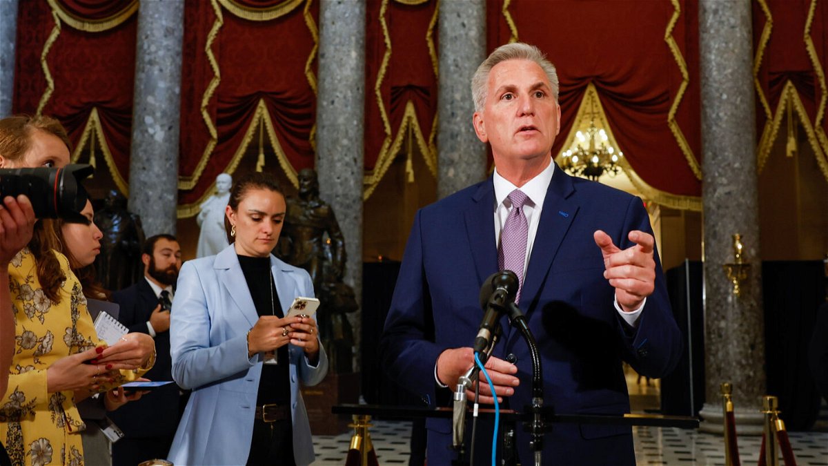 <i>Tasos Katopodis/Getty Images</i><br/>Speaker Kevin McCarthy speaks to the media at the US Capitol on April 26.