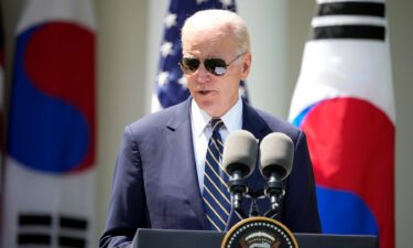 President Joe Biden speaks during a news conference with South Korea's President Yoon Suk Yeol in the Rose Garden of the White House on April 26 in Washington
