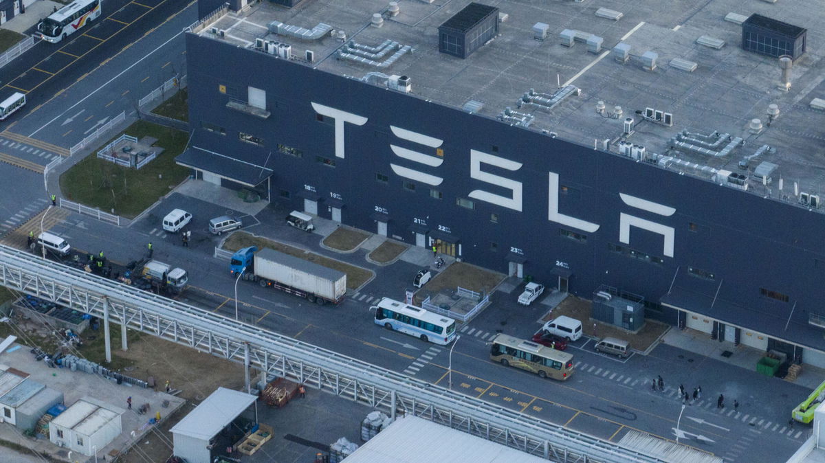 <i>VCG/Getty Images</i><br/>Aerial view of Tesla Shanghai Gigafactory on October 20