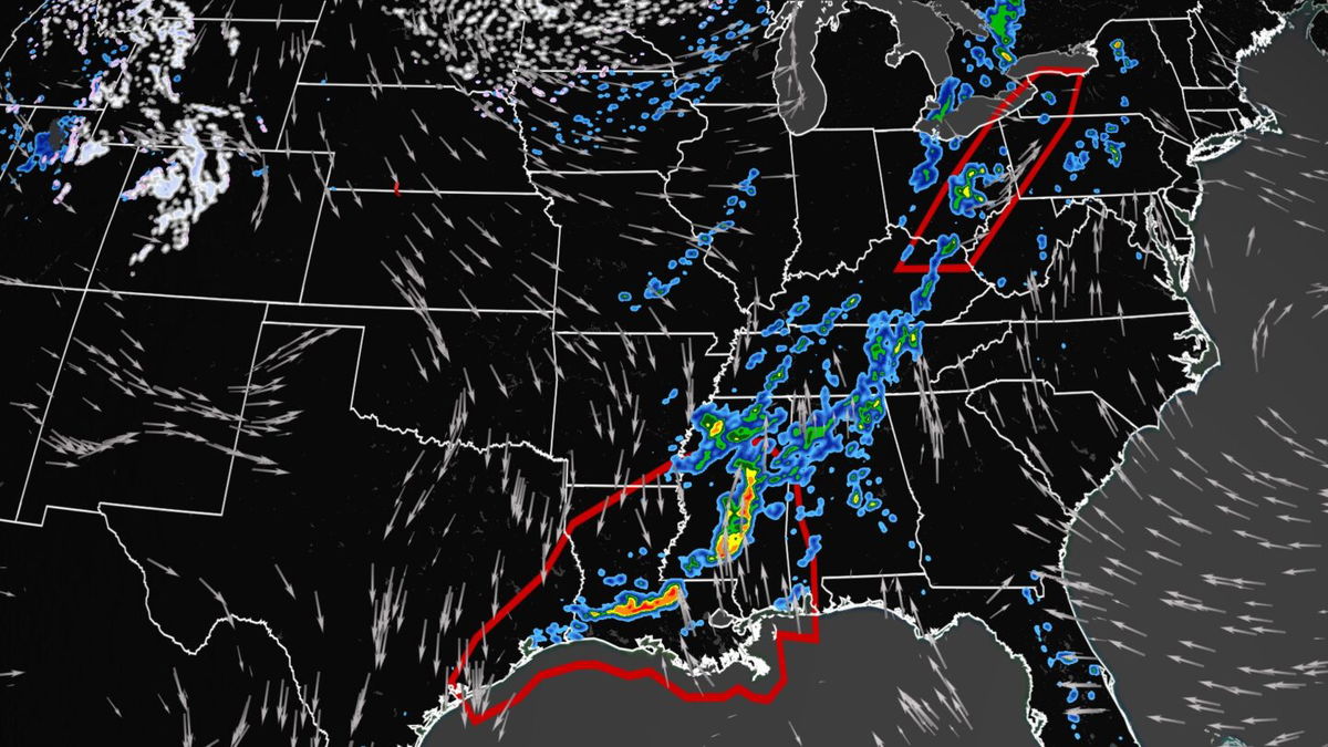 <i>CNN Weather</i><br/>Roughly 20 million from the South to the Northeast are under a severe thunderstorms threat Friday.