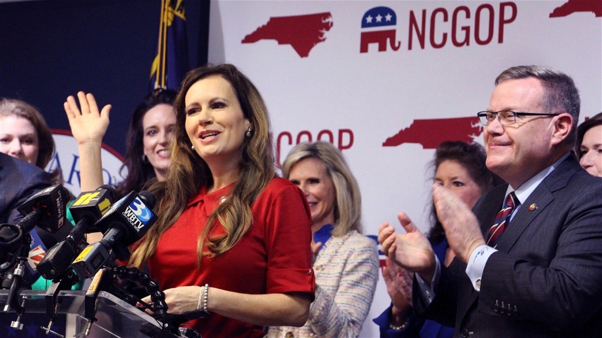<i>Hannah Schoenbaum/AP</i><br/>North Carolina state Rep. Tricia Cotham announces she is switching her party affiliation to the GOP at a news conference in Raleigh on April 5