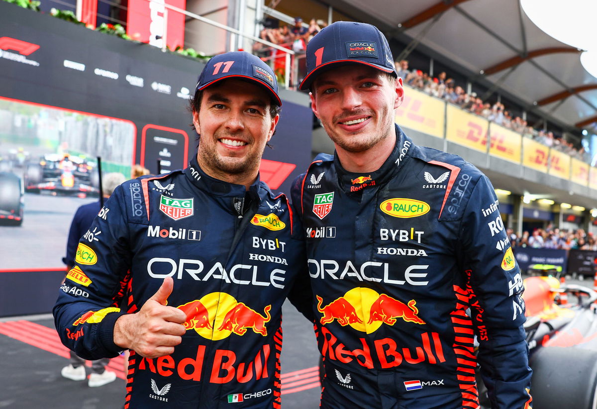 <i>Mark Thompson/Getty Images</i><br/>Perez and Verstappen celebrated together.