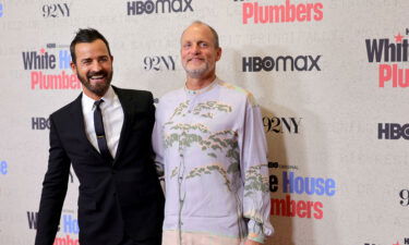 (From left) Justin Theroux and Woody Harrelson are pictured here at HBO's "White House Plumbers" premiere in New York on April 17.