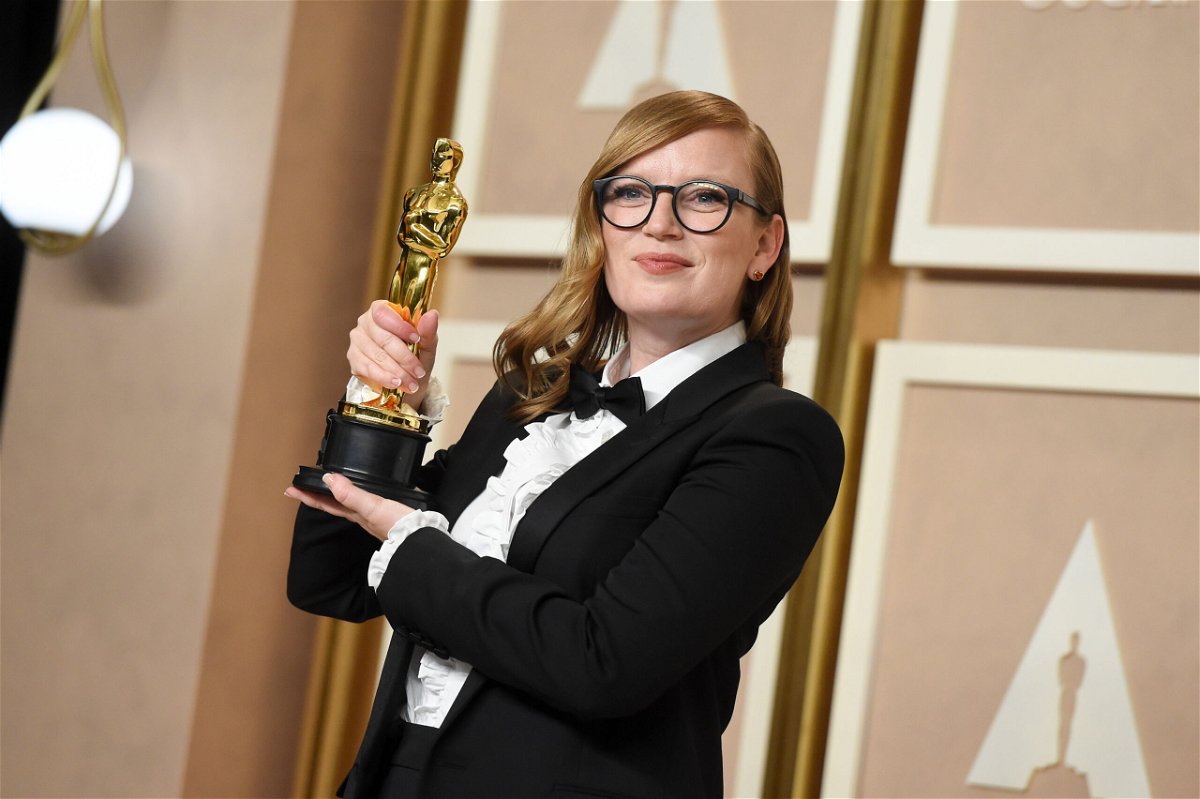 <i>Gilbert Flores/Variety/Getty Images</i><br/>Sarah Polley with her Oscar for 'Women Talking'  at the Academy Awards in Los Angeles in March.