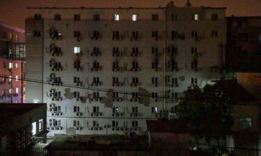 Soot is seen around windows following a fire at a hospital in Beijing on April 18.