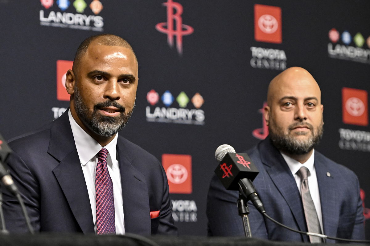 <i>Logan Riely/NBAE/Getty Images</i><br/>Ime Udoka (left) was introduced as the Houston Rockets' new head coach on Wednesday.