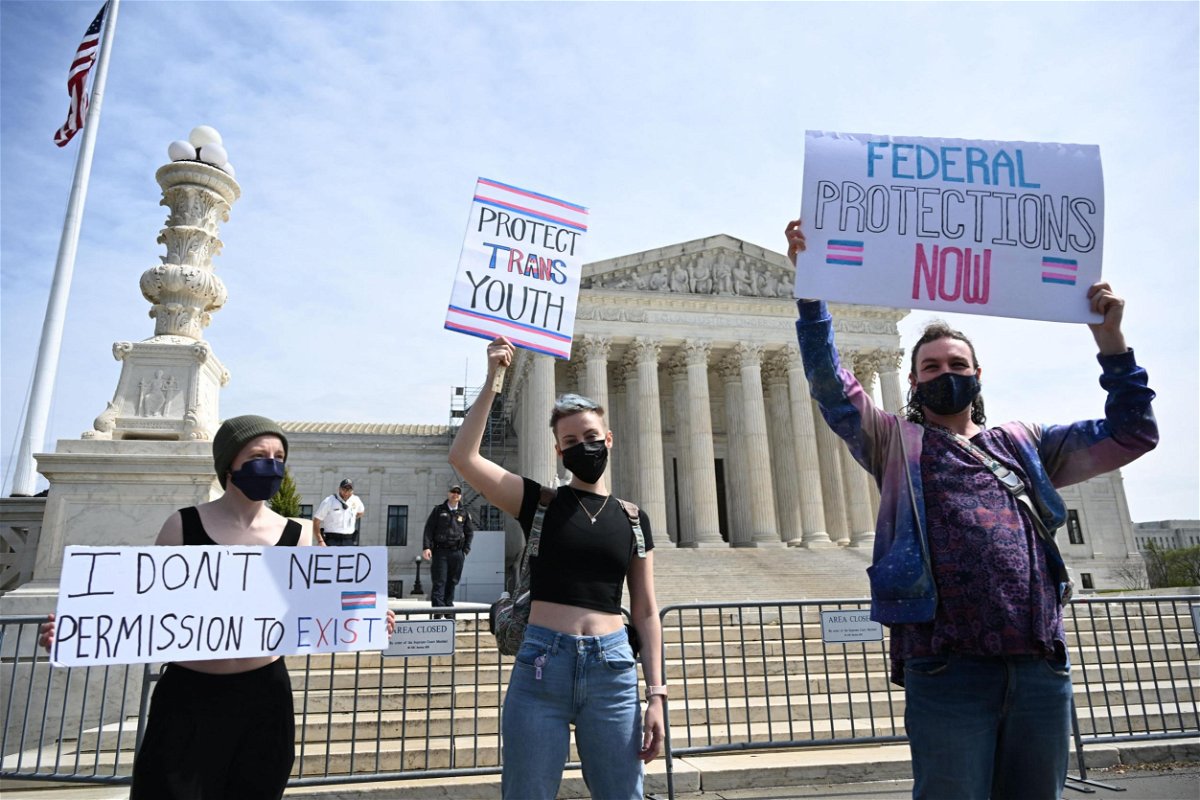 <i>Andrew Caballero-Reynolds/AFP/Getty Images/FILE</i><br/>Activists for transgender rights gather in front of the US Supreme Court in Washington