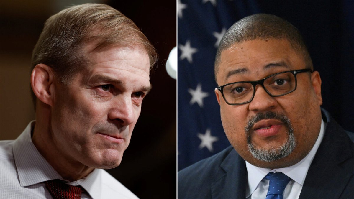 <i>Getty Images</i><br/>Rep. Jim Jordan (left) is seen here in the Capitol Building on January 9. Manhattan District Attorney Alvin Bragg (right) speaks during a press conference on April 4 in New York City.