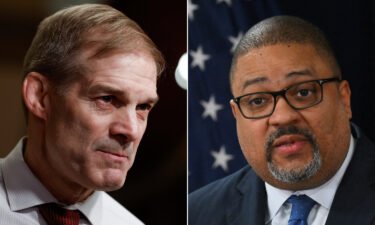 Rep. Jim Jordan (left) is seen here in the Capitol Building on January 9. Manhattan District Attorney Alvin Bragg (right) speaks during a press conference on April 4 in New York City.