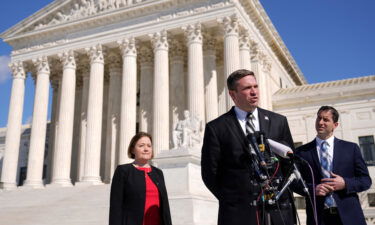 Missouri Attorney General Andrew Bailey speaks with reporters outside the US Supreme Court in Washington on February 28.