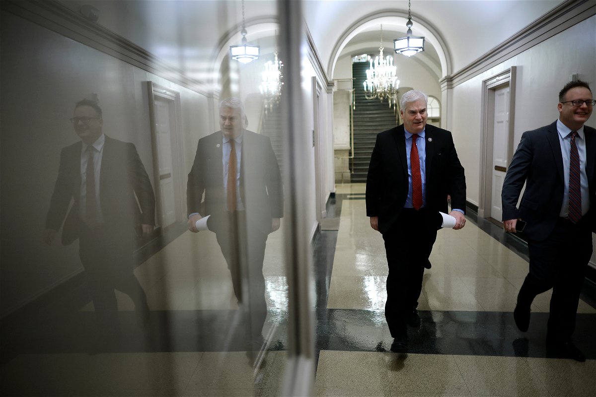 <i>Chip Somodevilla/Getty Images</i><br/>House Majority Whip Tom Emmer arrives for a GOP caucus meeting at the US Capitol on January 10 in Washington