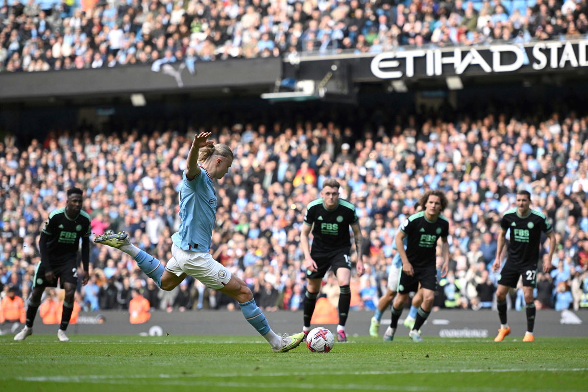 <i>Sportimage/Alamy Live News/AP</i><br/>Haaland scores a penalty on Saturday.