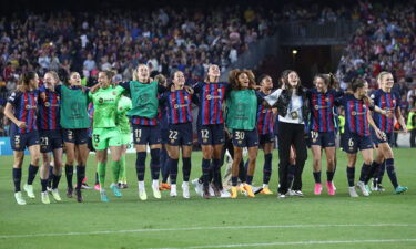 Barcelona players celebrate at the end of the match against Chelsea.