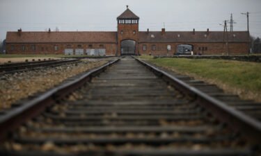 The main railway building is pictured on the site of the Auschwitz-Birkenau concentration camp on January 25