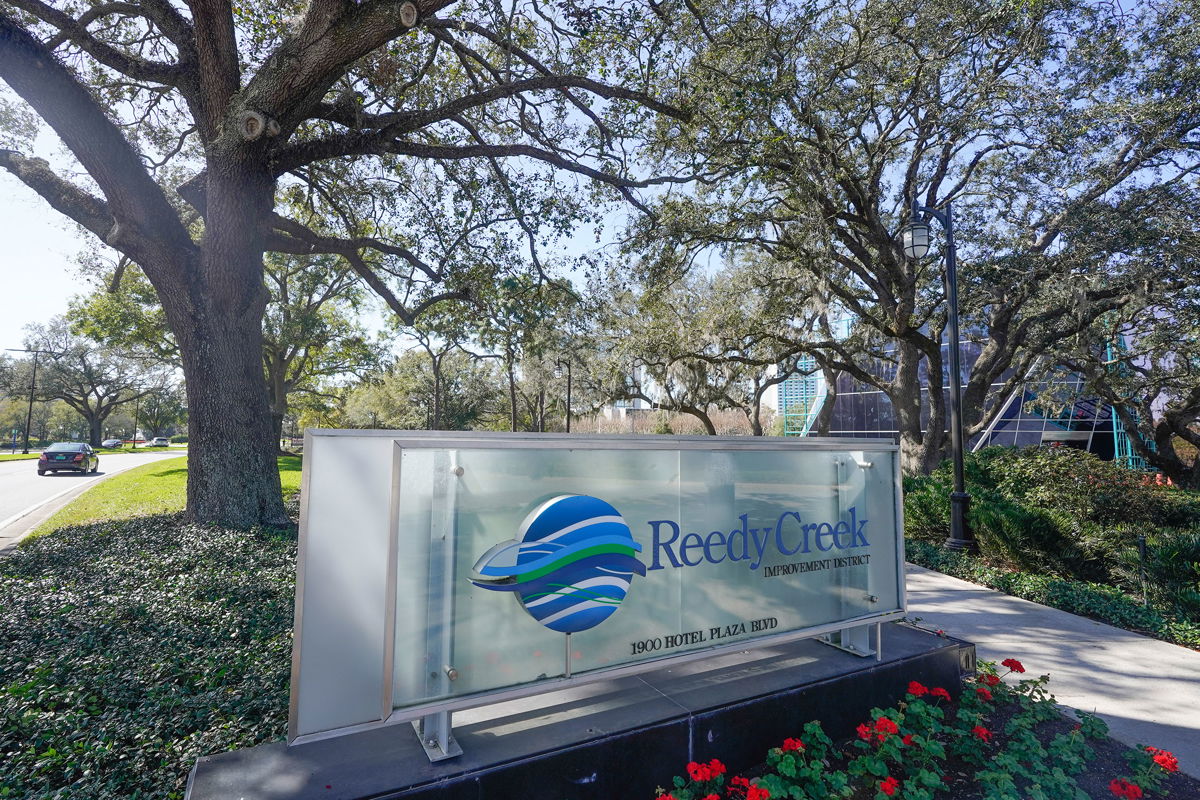 <i>John Raoux/AP</i><br/>A sign near the entrance of the Reedy Creek Improvement District administration building is seen on February 6 in Lake Buena Vista