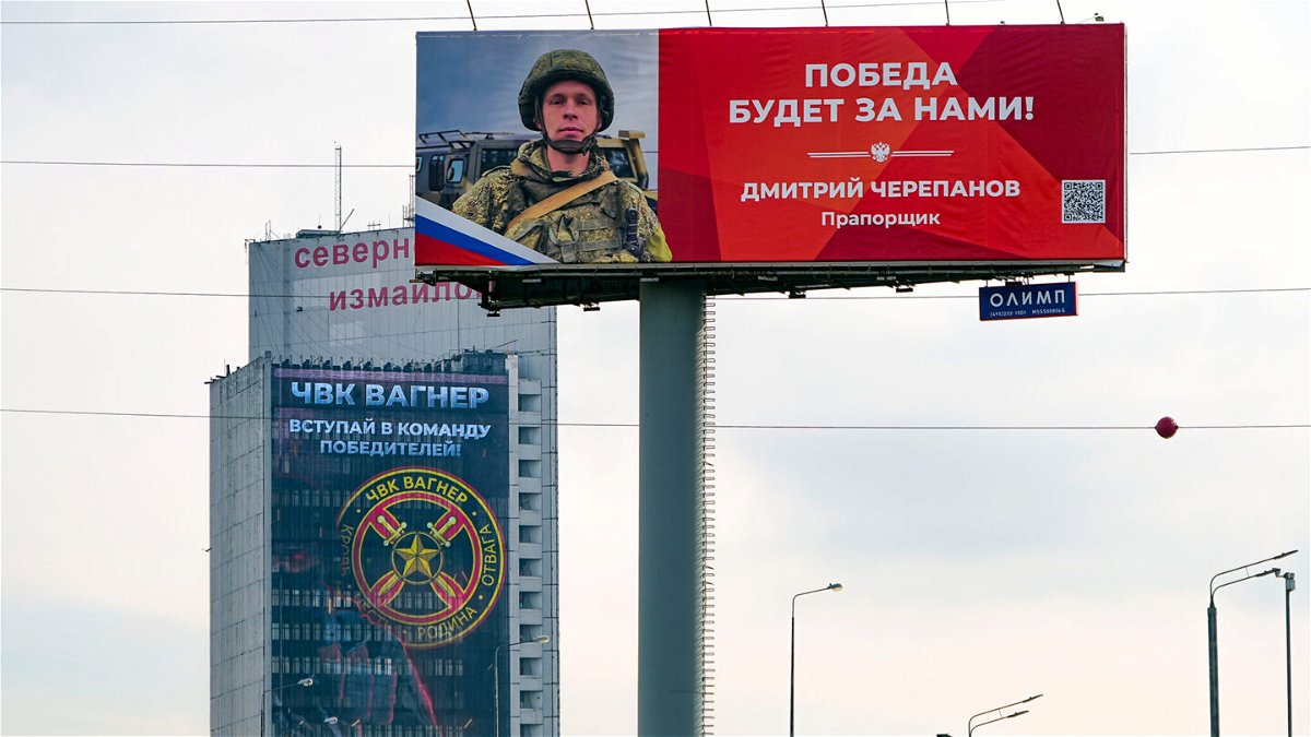 <i>Alexander Zemlianichenko/AP</i><br/>An billboard promoting the Wagner military contractor is seen here with the words reading: 