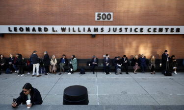 Reporters and members of the public line up early to enter the Leonard Williams Justice Center where Dominion Voting Systems is suing FOX News in Delaware Superior Court on April 18 in Wilmington