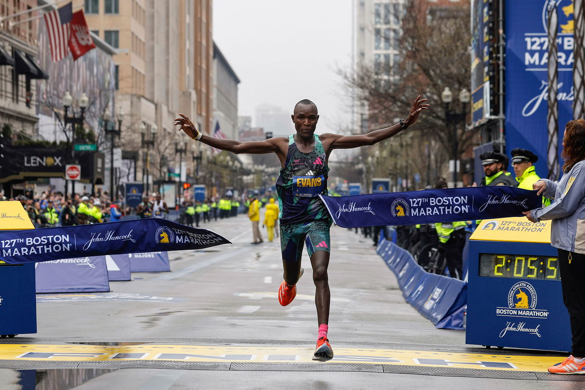 <i>Winslow Townson/AP</i><br/>Evans Chebet became the first man since 2008 to retain his Boston Marathon title.