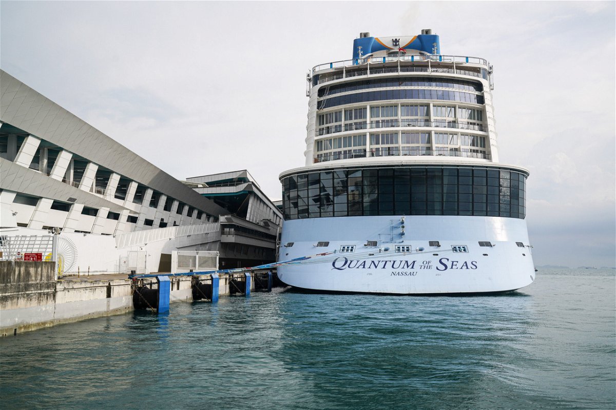 <i>Ore Huiying/Bloomberg/Getty Images</i><br/>An Australian passenger is believed to have fallen overboard from a Quantum of the Seas cruise ship traveling from Brisbane to Hawaii. A Quantum of the Seas ship is pictured here docked in Singapore in 2020.
