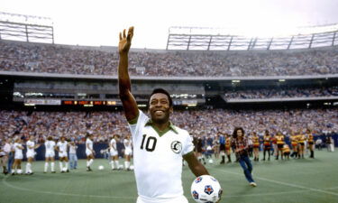 Pelé celebrates during a match for the New York Cosmos in August 1977.