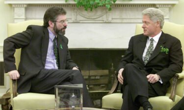 Bill Clinton meets with former Sinn Fein leader Gerry Adams in the Oval Office of the White House on St. Patrick's Day in Washington D.C.