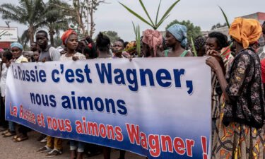 Demonstrators carry a banner in Bangui