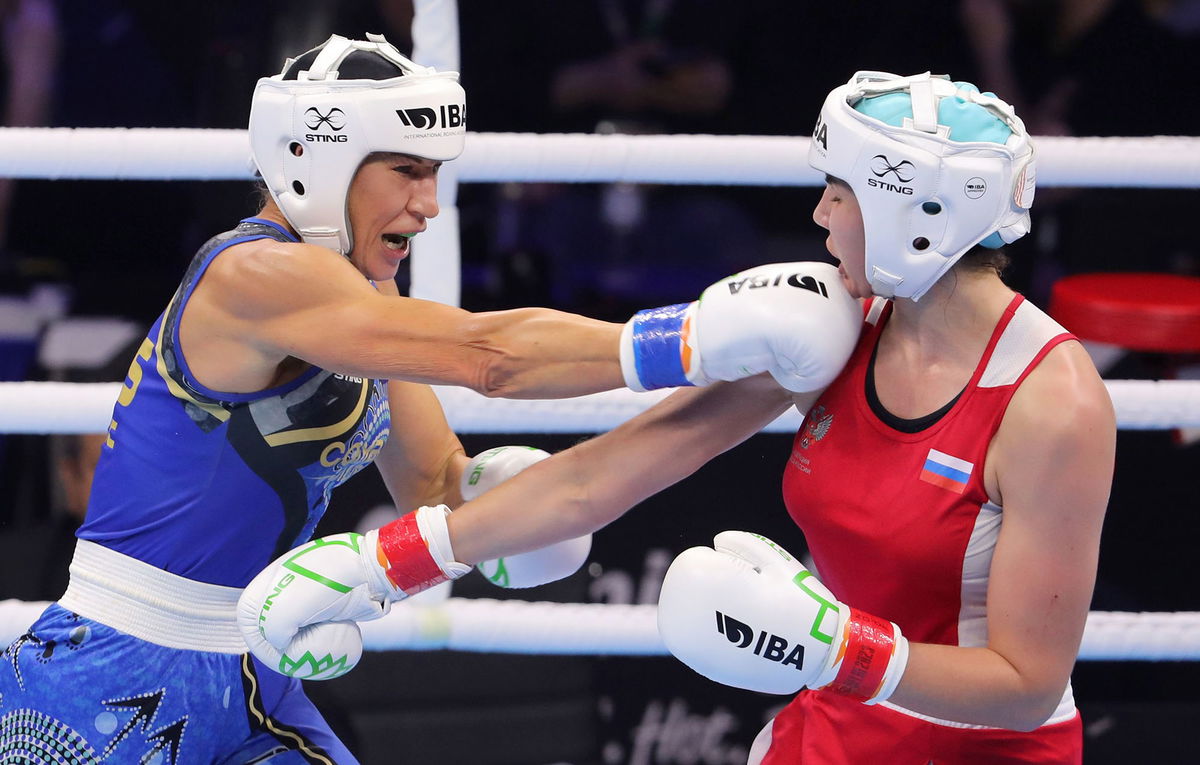 <i>Rajat Gupta/EPA-EFE/Shutterstock</i><br/>Russia's Anastasiia Demurchian (right) faces Australia's Kaye Scott at the World Women's Boxing Championships in New Delhi