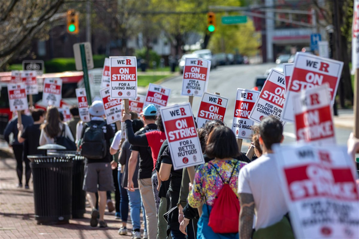 <i>Michael Nigro/Pacific Press/LightRocket/Getty Images</i><br/>Rutgers students and faculty participate in a strike at the university's main campus in New Brunswick