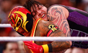 Dominik Mysterio wrestles Rey Mysterio during WrestleMania Goes Hollywood at SoFi Stadium on April 1 in Inglewood