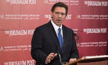 Florida Gov. Ron DeSantis speaks to the press during a news conference at the Museum of Tolerance on April 27