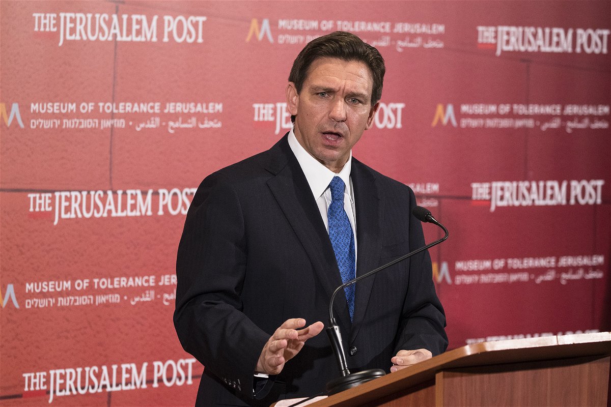 <i>Amir Levy/Getty Images</i><br/>Florida Gov. Ron DeSantis speaks to the press during a news conference at the Museum of Tolerance on April 27
