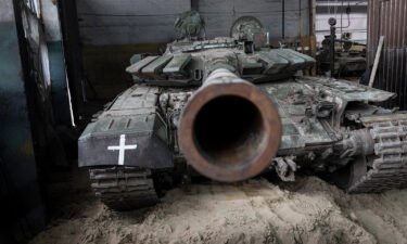 A captured Russian T-72B3 tank awaits repairs on February 13