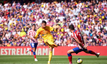 Ferran Torres of FC Barcelona  scores his team's first goal during the LaLiga Santander match between FC Barcelona and Atletico de Madrid at Spotify Camp Nou on April 23