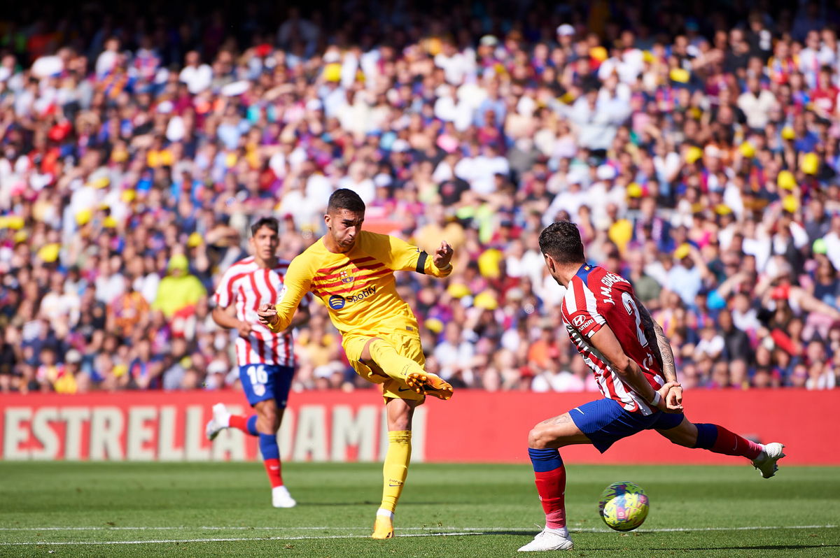 <i>Silvestre Szpylma/Quality Sport Images/Getty Images</i><br/>Ferran Torres of FC Barcelona  scores his team's first goal during the LaLiga Santander match between FC Barcelona and Atletico de Madrid at Spotify Camp Nou on April 23