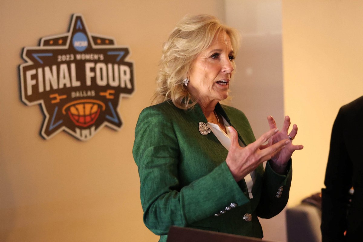 <i>Justin Tafoya/NCAA Photos/Getty Images</i><br/>Jill Biden talks with guests during the 2023 NCAA women's basketball tournament national championship.