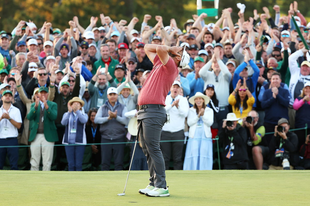 <i>Christian Petersen/Getty Images</i><br/>Jon Rahm celebrates on the 18th green after winning the 2023 Masters.