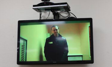 Russian opposition figure Alexey Navalny is seen on a screen via video link from a penal colony during a court hearing in Moscow.