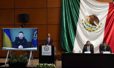 Ukraine's President Volodymyr Zelensky addresses Mexico's Congress virtually in Mexico City on April 20.
