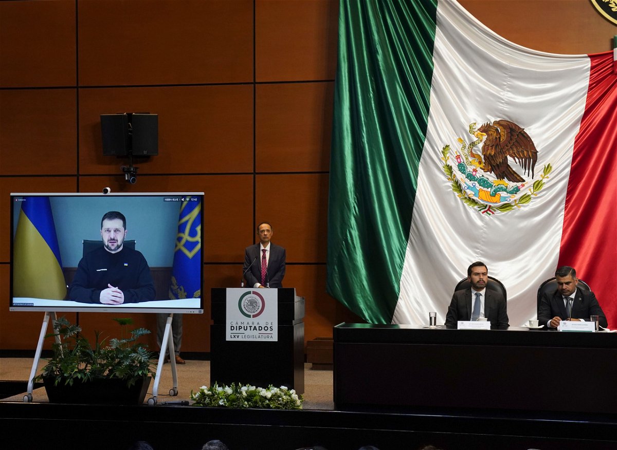 <i>Marco Ugarte/AP</i><br/>Ukraine's President Volodymyr Zelensky addresses Mexico's Congress virtually in Mexico City on April 20.