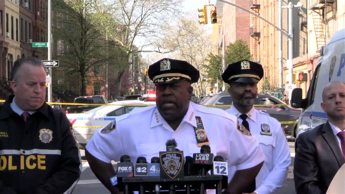 <i>NYPD</i><br/>NYPD Chief of Patrol Jeffrey Maddrey speaks at a news conference about the fatal shooting of a 78-year-old man by police in Brooklyn on April 13.