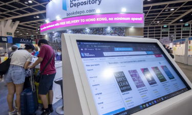 An electronic booth at the Book Depository booth at the Hong Kong Book Fair in Hong Kong