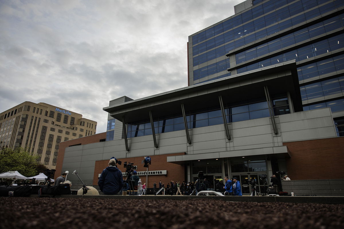 <i>Samuel Corum/Bloomberg/Getty Images</i><br/>Members of the media outside the Leonard L. Williams Justice Center ahead of the Dominion Voting Systems' defamation trial against Fox News in Wilmington